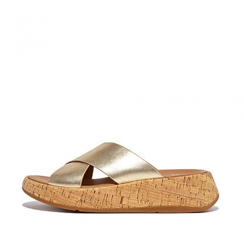 Chanclas FitFlop F-MODE Metallic Cuero/Cork Flatform Cross Mujer Negras | CE7964158