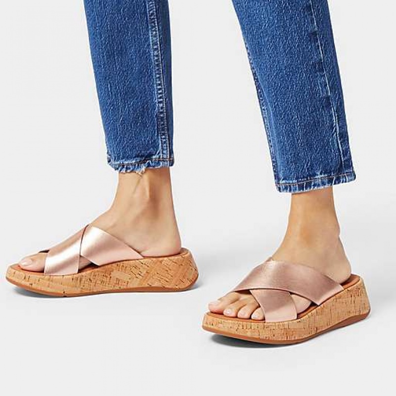 Chanclas FitFlop F-MODE Metallic Cuero/Cork Flatform Cross Mujer Azul Marino | UD3642980