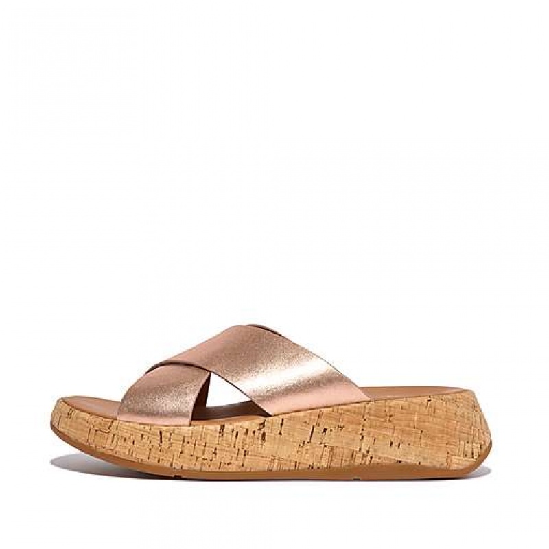 Chanclas FitFlop F-MODE Metallic Cuero/Cork Flatform Cross Mujer Azul Marino | UD3642980