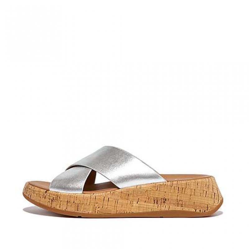 Chanclas FitFlop F-MODE Metallic Cuero/Cork Flatform Cross Mujer Marrones | DJ0143968