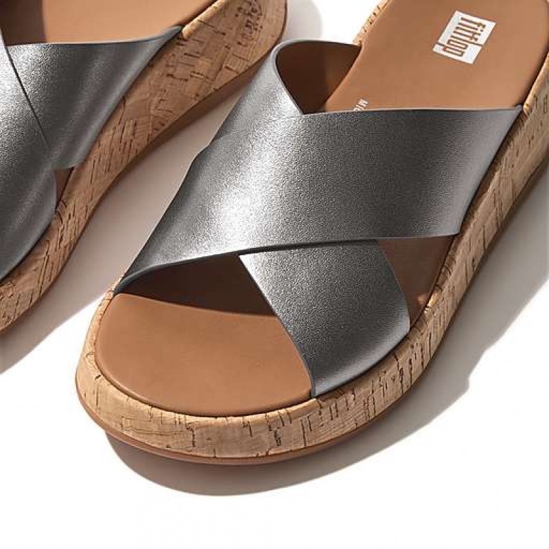 Chanclas FitFlop F-MODE Metallic Cuero/Cork Flatform Cross Mujer Negras | AE0935814