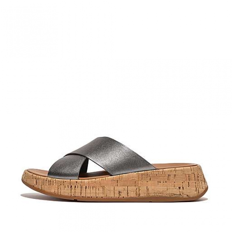 Chanclas FitFlop F-MODE Metallic Cuero/Cork Flatform Cross Mujer Negras | AE0935814