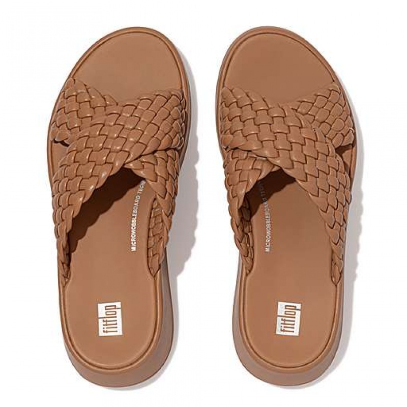 Chanclas FitFlop F-MODE Woven-Cuero Flatform Cross Mujer Marrones | CX6431972