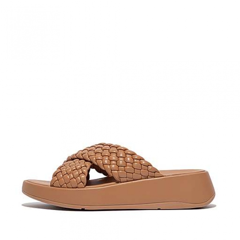 Chanclas FitFlop F-MODE Woven-Cuero Flatform Cross Mujer Marrones | CX6431972