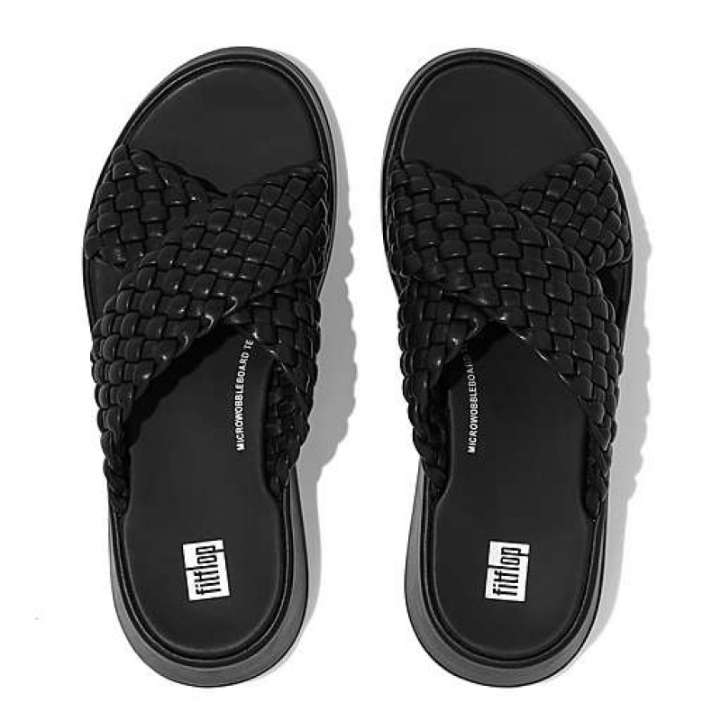 Chanclas FitFlop F-MODE Woven-Cuero Flatform Cross Mujer Negras | UB1270839