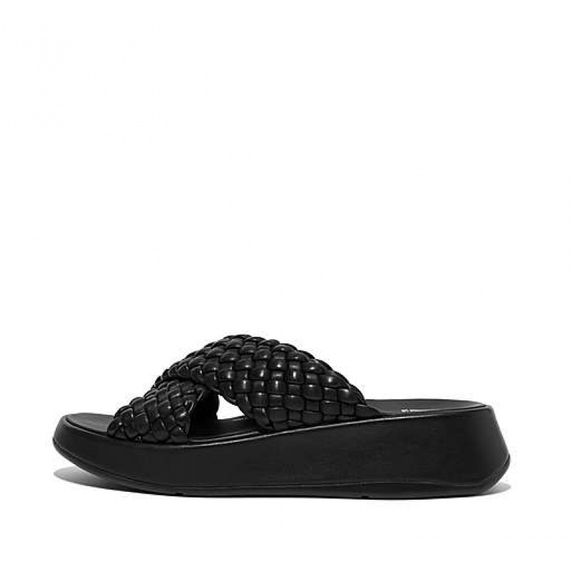 Chanclas FitFlop F-MODE Woven-Cuero Flatform Cross Mujer Negras | UB1270839