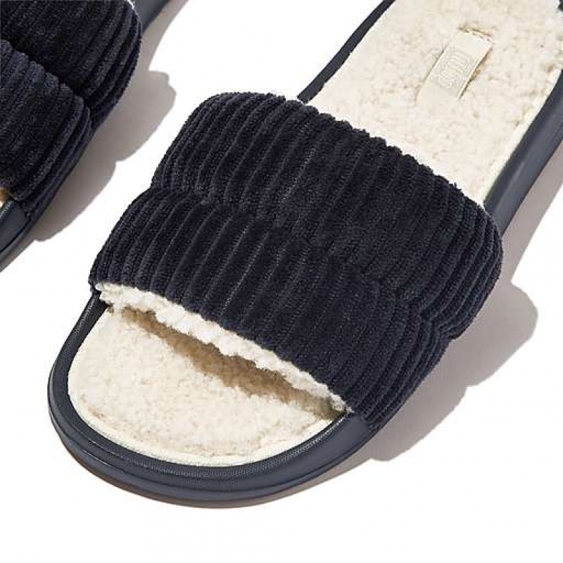 Chanclas FitFlop IQUSHION Biofleece-Forro Corduroy Mujer Metal Negras | ZC2096473