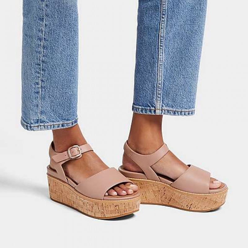 Sandalias FitFlop ELOISE Cork-Wrap Cuero Wedge Mujer Marrones | GF8453190