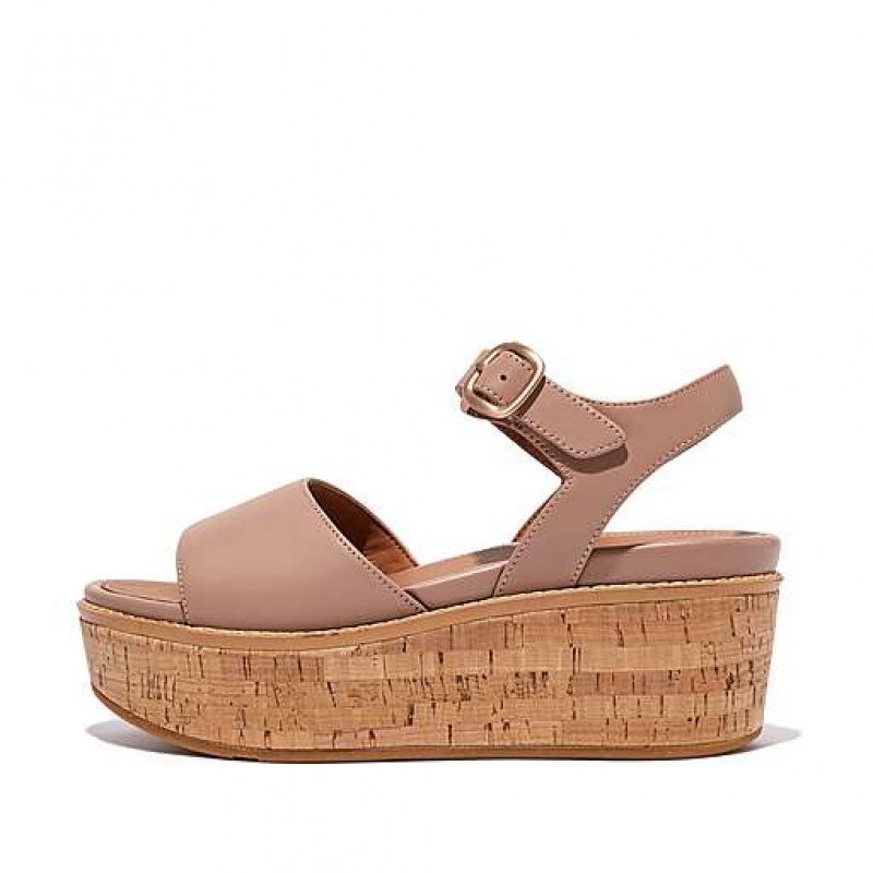 Sandalias FitFlop ELOISE Cork-Wrap Cuero Wedge Mujer Marrones | GF8453190