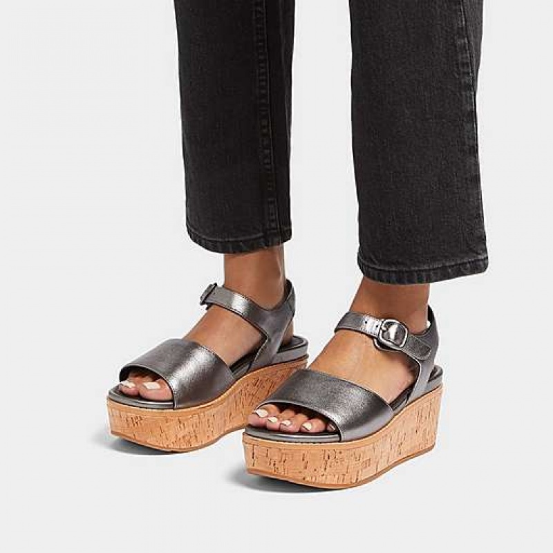 Sandalias FitFlop ELOISE Cork-Wrap Metallic-Cuero Back-Correa Wedge Mujer Negras | SU8674105