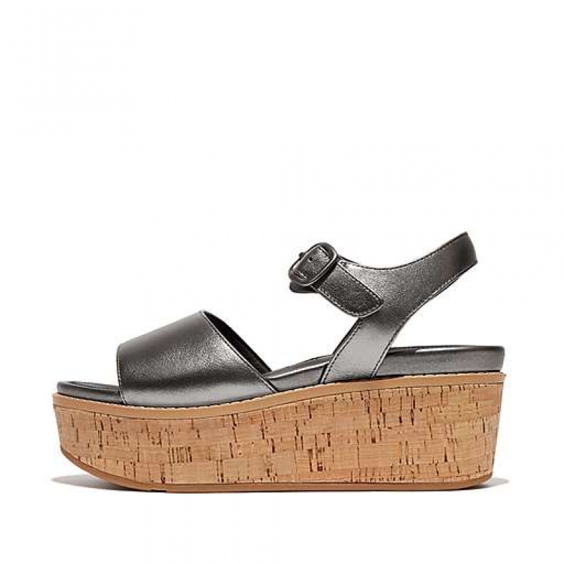 Sandalias FitFlop ELOISE Cork-Wrap Metallic-Cuero Back-Correa Wedge Mujer Negras | SU8674105