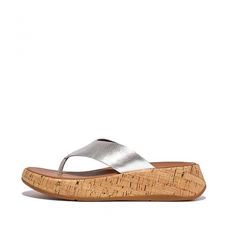 Sandalias FitFlop F-MODE Metallic Cuero/Cork Flatform Puntera-Post Mujer Negras | WS1796543