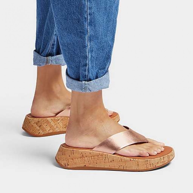 Sandalias FitFlop F-MODE Metallic Cuero/Cork Flatform Puntera-Post Mujer Azul Marino | YK5647180