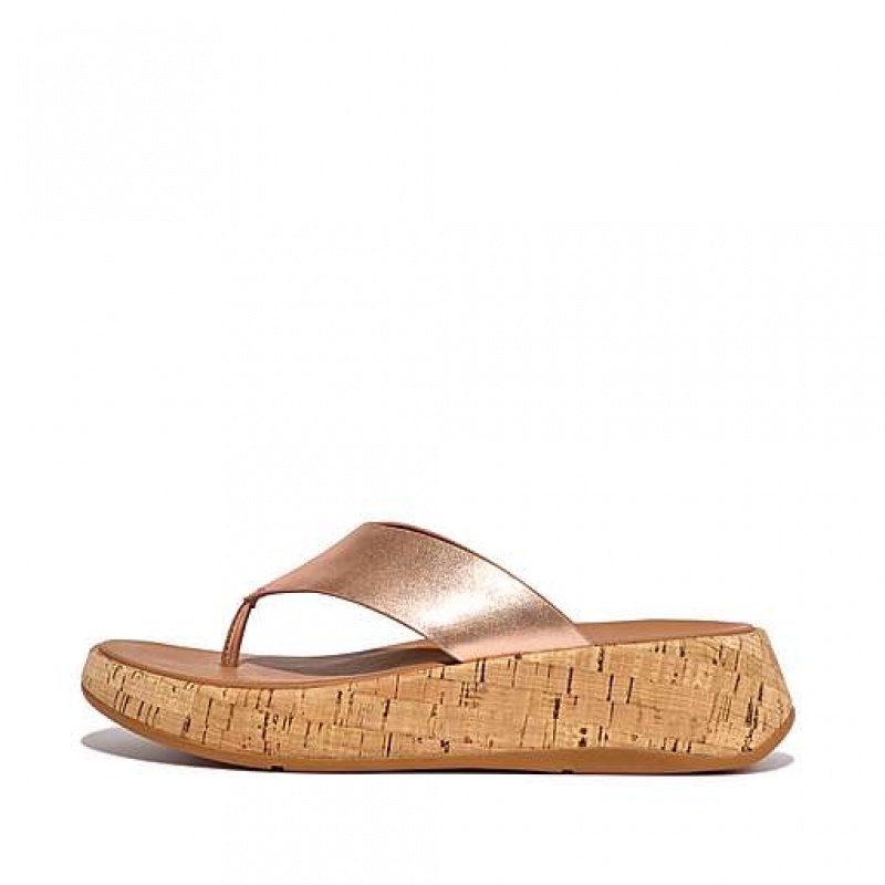 Sandalias FitFlop F-MODE Metallic Cuero/Cork Flatform Puntera-Post Mujer Azul Marino | YK5647180