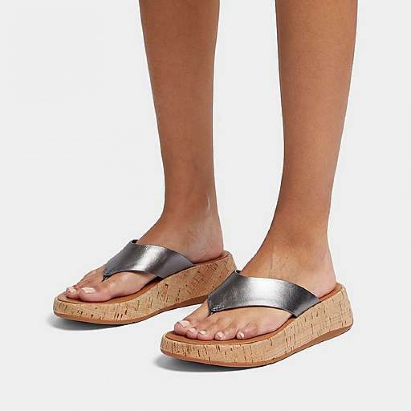 Sandalias FitFlop F-MODE Metallic Cuero/Cork Flatform Puntera-Post Mujer Blancas | WU2103659