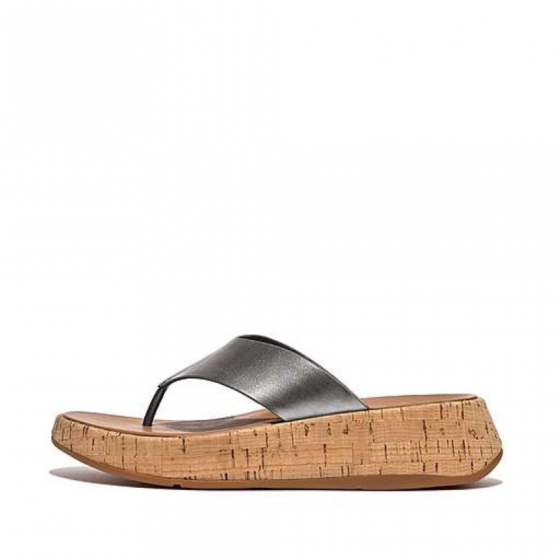 Sandalias FitFlop F-MODE Metallic Cuero/Cork Flatform Puntera-Post Mujer Blancas | WU2103659